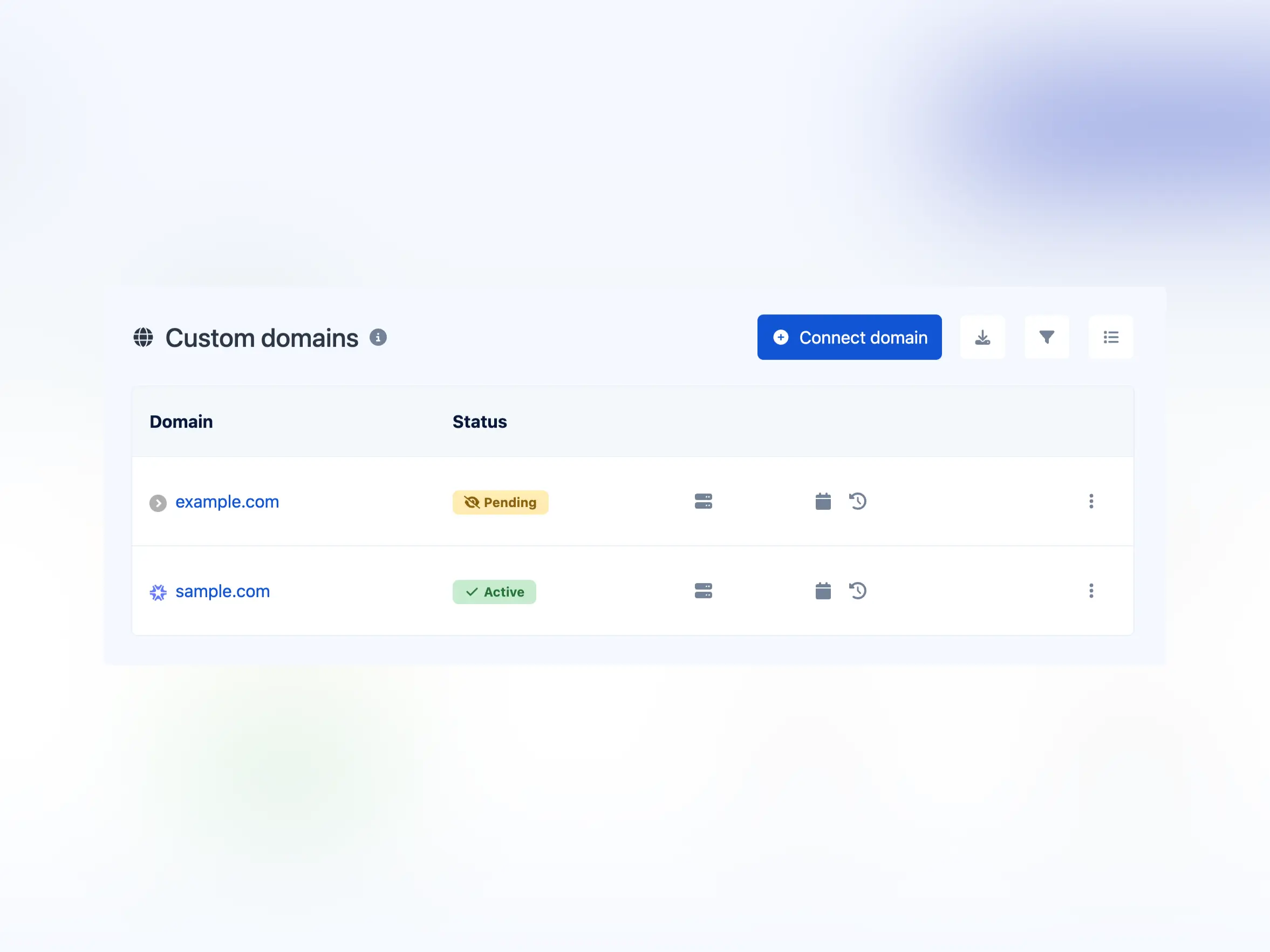 Screenshot of the app custom domains page